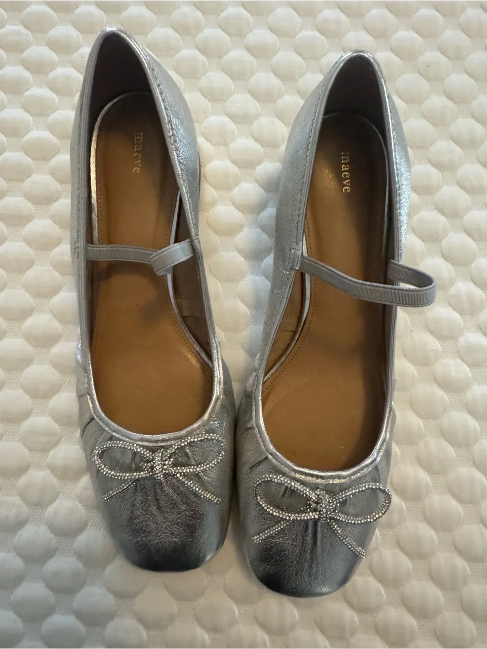 Maeve Silver Ballet flats Mary Jane Low Block Heel Pumps with Decorative Bow